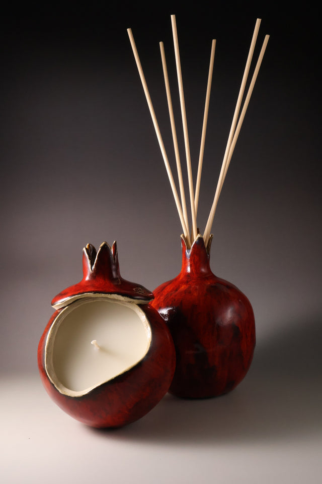 Artisan Ceramic Pomegranate Candle and Diffuser