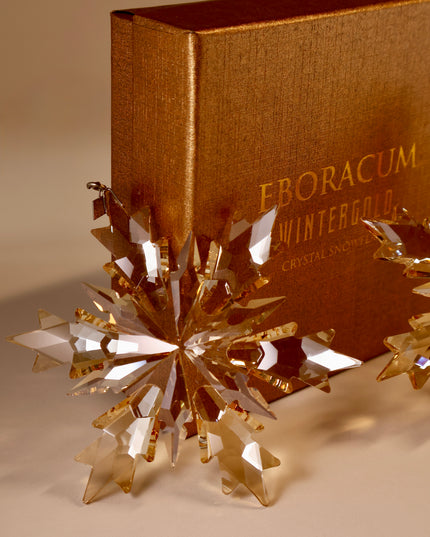 Decorative gold snowflake ornament in front of a brown book titled 'Eboracum Wintergold'.