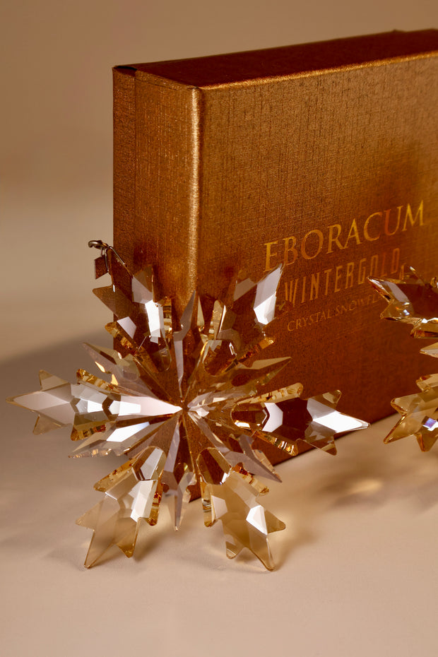 Decorative gold snowflake ornament in front of a brown book titled 'Eboracum Wintergold'.