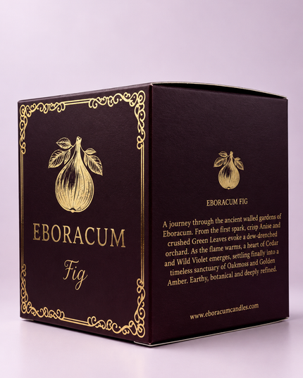 A dark brown square box with ornate gold foil borders and gold text reading 'EBORACUM Fig' on a light lavender background.