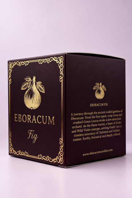 A dark brown square box with ornate gold foil borders and gold text reading 'EBORACUM Fig' on a light lavender background.
