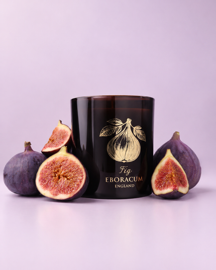 A dark amber glass candle jar with a gold fig illustration and the text 'Fig EBORACUM ENGLAND' on the front, styled with whole and halved purple figs on both sides against a soft lavender background.