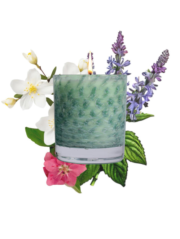 Green Handblown Glass Jasmine & Patchouli Candle