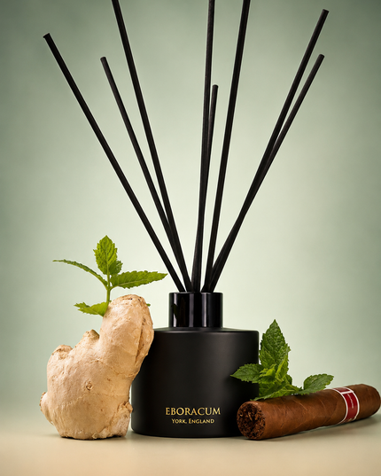 A black reed diffuser bottle with tall black reeds, styled with a ginger root, mint leaves, and a cigar on a beige surface against a soft green gradient background. The bottle is labeled 'EBORACUM' and 'MADE IN ENGLAND'.