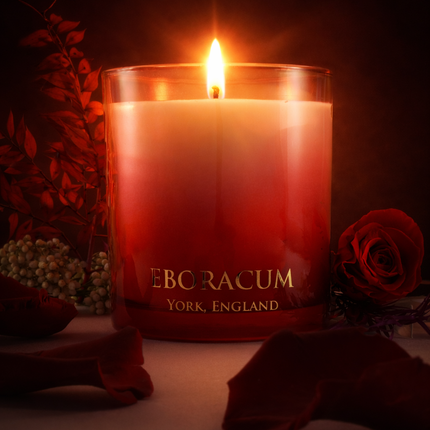 RUBRA luxury scented candle by Eboracum, Jasmine, Leather and Vanilla fragrance in red glass.