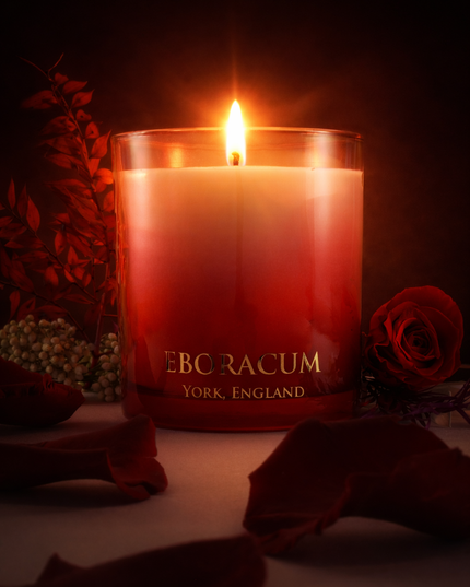 RUBRA luxury scented candle by Eboracum, Jasmine, Leather and Vanilla fragrance in red glass.