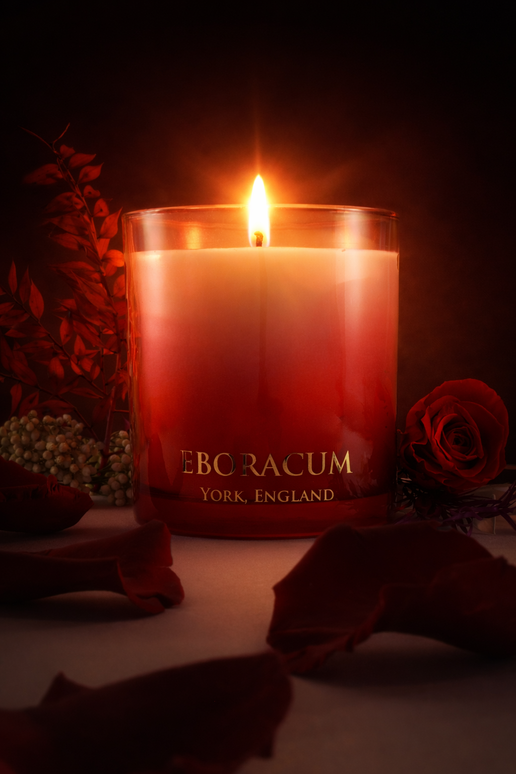 RUBRA luxury scented candle by Eboracum, Jasmine, Leather and Vanilla fragrance in red glass.