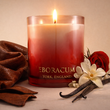 RUBRA luxury scented candle by Eboracum, Jasmine, Leather and Vanilla fragrance in red glass.