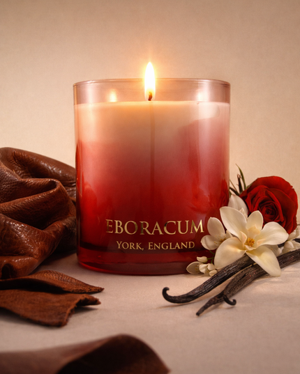 RUBRA luxury scented candle by Eboracum, Jasmine, Leather and Vanilla fragrance in red glass.