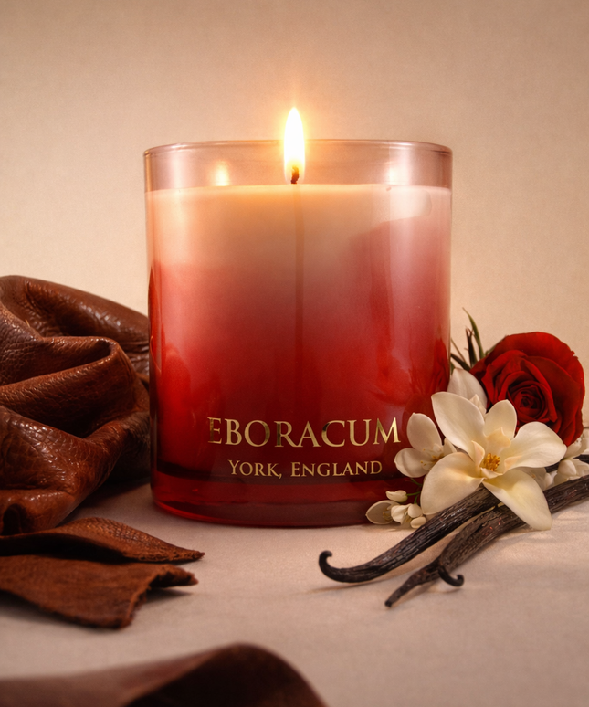 RUBRA luxury scented candle by Eboracum, Jasmine, Leather and Vanilla fragrance in red glass.