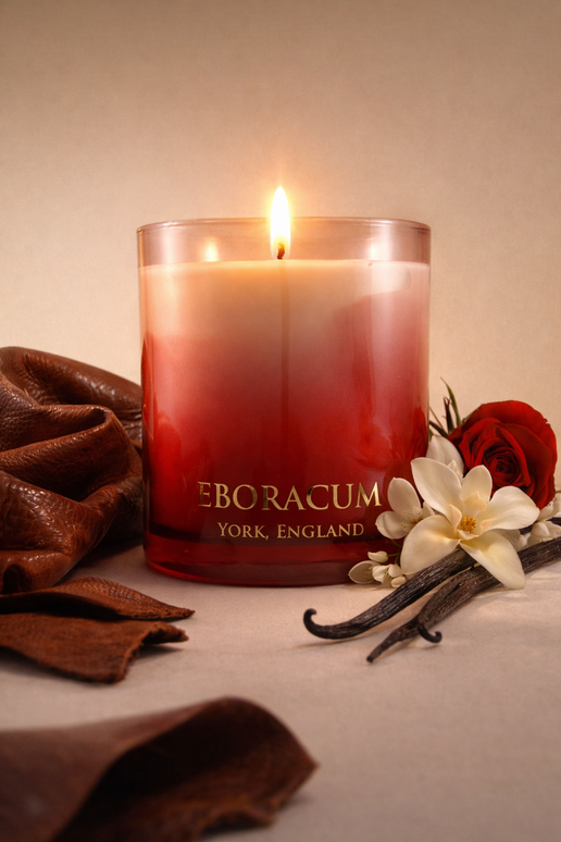 RUBRA luxury scented candle by Eboracum, Jasmine, Leather and Vanilla fragrance in red glass.