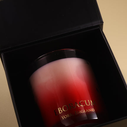 RUBRA luxury scented candle by Eboracum, Jasmine, Leather and Vanilla fragrance in red glass.