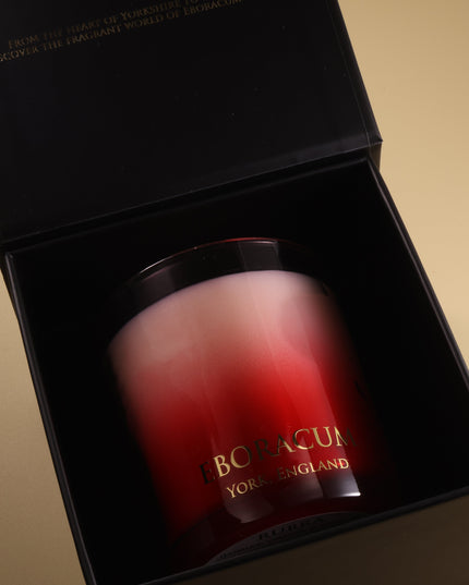 RUBRA luxury scented candle by Eboracum, Jasmine, Leather and Vanilla fragrance in red glass.