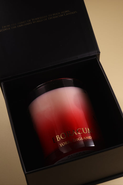 RUBRA luxury scented candle by Eboracum, Jasmine, Leather and Vanilla fragrance in red glass.