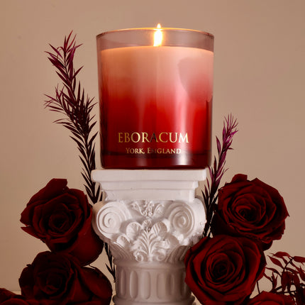 Seductive red glass candle vessel for Valentine's Day gifting, artisan British made.