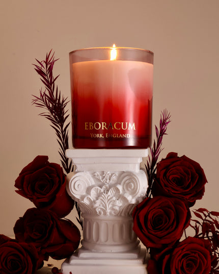 Seductive red glass candle vessel for Valentine's Day gifting, artisan British made.
