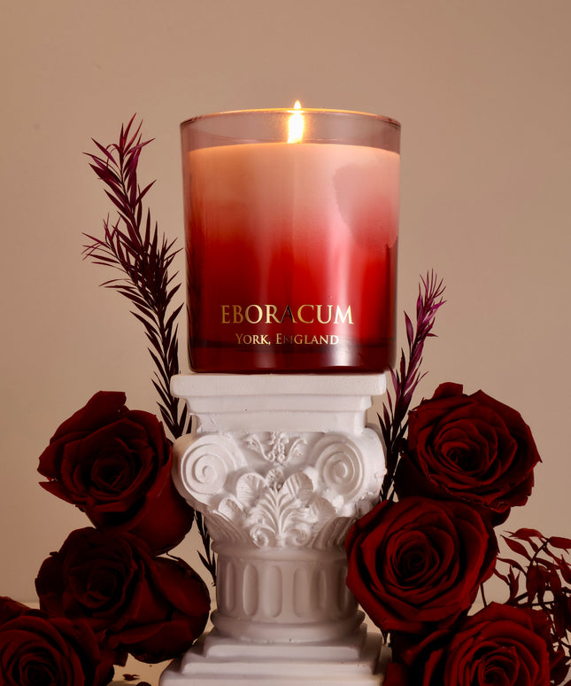 Seductive red glass candle vessel for Valentine's Day gifting, artisan British made.