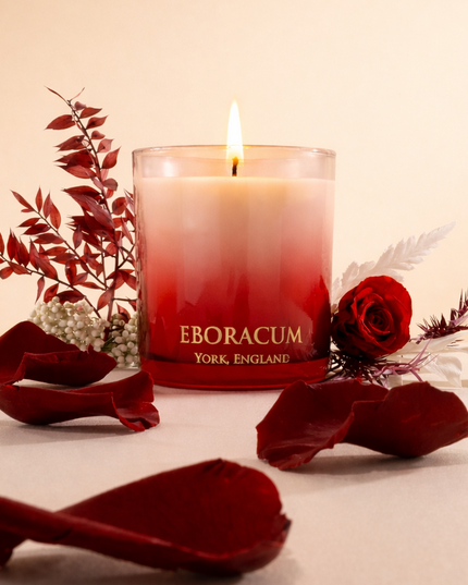 Seductive red glass candle vessel for Valentine's Day gifting, artisan British made.