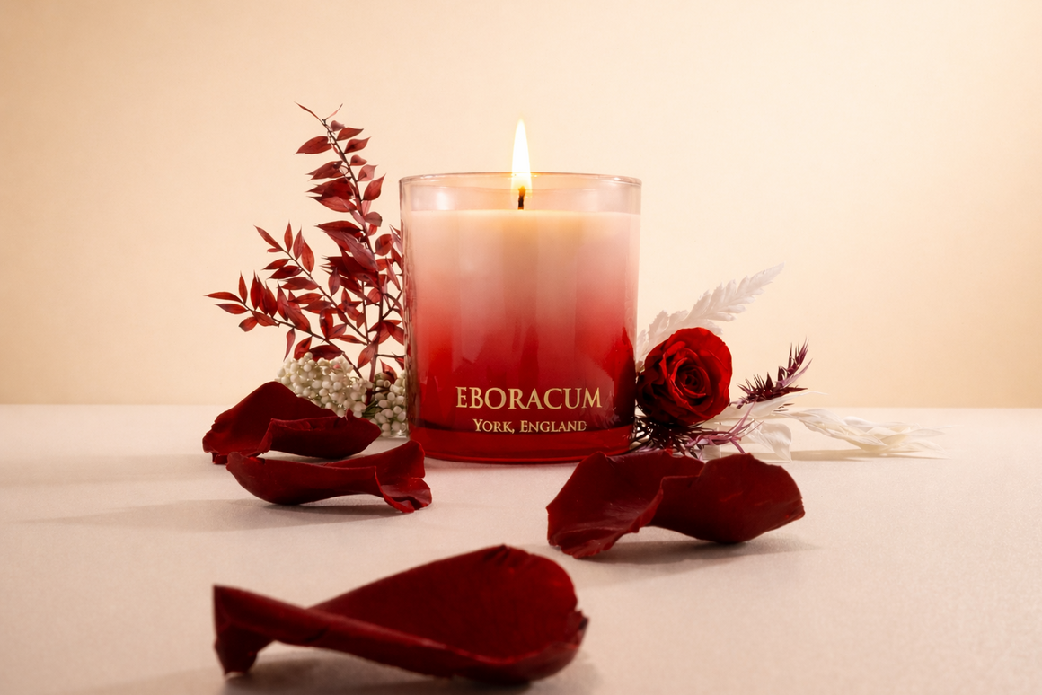 Seductive red glass candle vessel for Valentine's Day gifting, artisan British made.