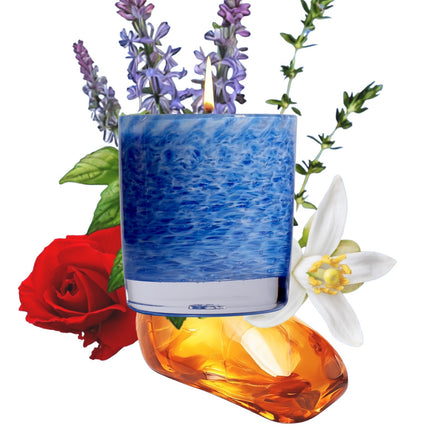 Stewart Hearn Blue Handblown Glass Candle (Mediterranean Herbs, Woods and Incense)