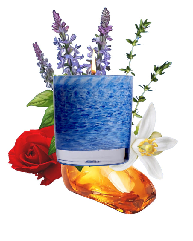 Stewart Hearn Blue Handblown Glass Candle (Mediterranean Herbs, Woods and Incense)