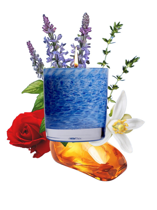 Stewart Hearn Blue Handblown Glass Candle (Mediterranean Herbs, Woods and Incense)