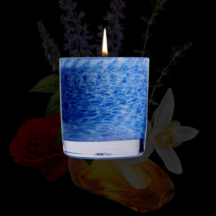 Stewart Hearn Blue Handblown Glass Candle (Mediterranean Herbs, Woods and Incense)