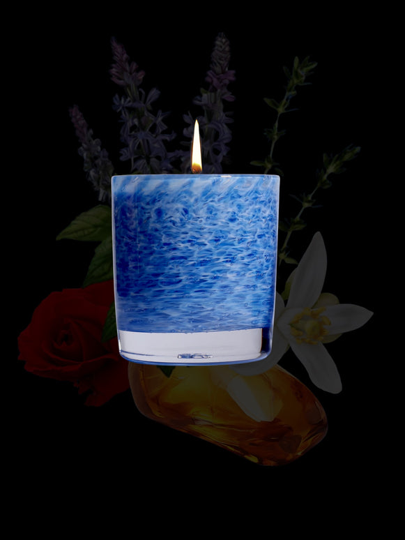 Stewart Hearn Blue Handblown Glass Candle (Mediterranean Herbs, Woods and Incense)