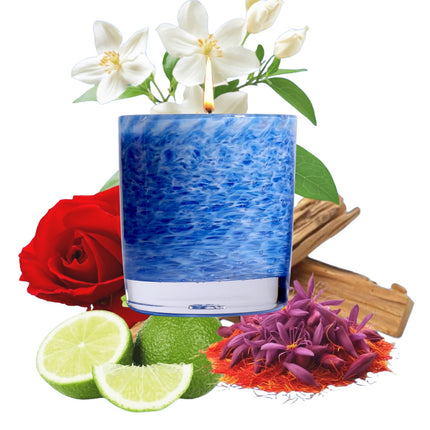 Stewart Hearn Blue Handblown Glass Candle (Saffron, Jasmine and Leather)