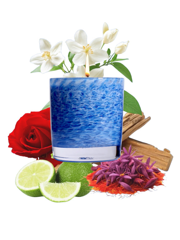 Stewart Hearn Blue Handblown Glass Candle (Saffron, Jasmine and Leather)