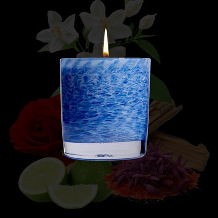 Stewart Hearn Blue Handblown Glass Candle (Saffron, Jasmine and Leather)