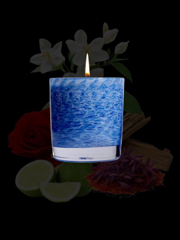 Stewart Hearn Blue Handblown Glass Candle (Saffron, Jasmine and Leather)
