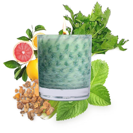 Stewart Hearn Green Handblown Glass Candle (Citrus, Spearmint and Benzoin)