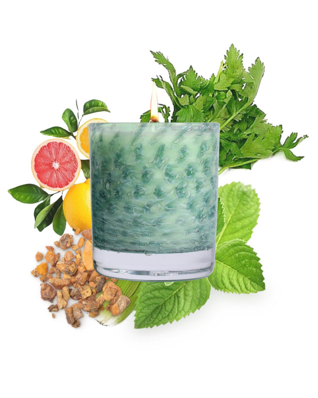 Stewart Hearn Green Handblown Glass Candle (Citrus, Spearmint and Benzoin)