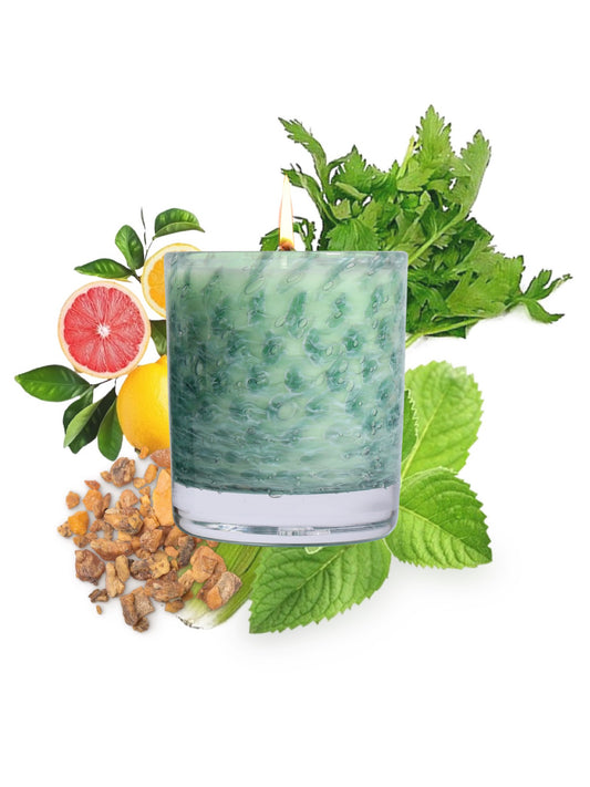 Stewart Hearn Green Handblown Glass Candle (Citrus, Spearmint and Benzoin)