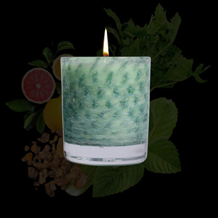 Stewart Hearn Green Handblown Glass Candle (Citrus, Spearmint and Benzoin)