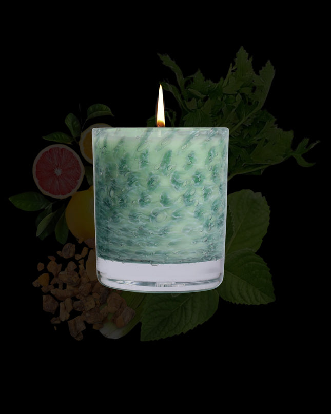 Stewart Hearn Green Handblown Glass Candle (Citrus, Spearmint and Benzoin)