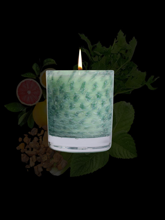 Stewart Hearn Green Handblown Glass Candle (Citrus, Spearmint and Benzoin)